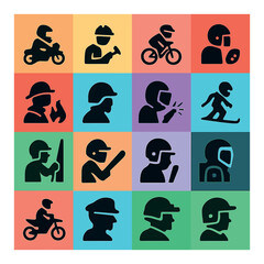 Silhouette sports and activity icon set featuring cycling, skiing, construction, painting, and safety symbols