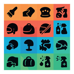 Silhouette cleaning and safety icons set featuring brush, sponge, sprayer, helmet, and goggles