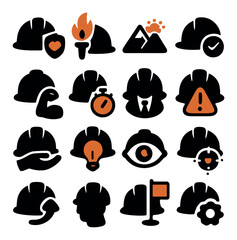 Silhouette construction icon set featuring safety, worker, torch, mountain, hard hat, and alert symbols