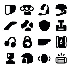 Silhouette automotive icon set featuring wheel, lock, seat, shield, and helmet symbols
