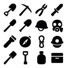 Silhouette camping tools icon set featuring shovel, axe, compass, knife, helmet, gas mask, rope, and flashlight