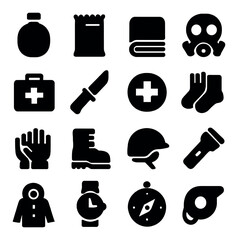 Silhouette survival icon set featuring canteen, knife, gas mask, first aid, boots, compass, and flashlight symbols