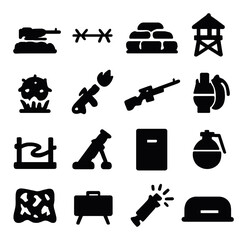 Silhouette military icon set featuring tank, barbed wire, bunker, watchtower, mine, missile, rifle, grenade symbols