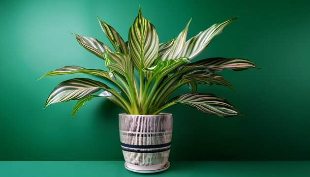 Fototapeta vibrant potted plant with striped leaves in a textured ceramic pot on a green background ideal for home decor and wellness themes