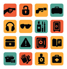 Silhouette security and safety icon set: lock, gun, briefcase, headphones, sunglasses, tools, safe