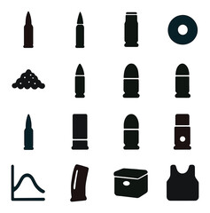 Silhouette military icon set featuring ammunition, bullet, magazine, armor, target, and graph symbols