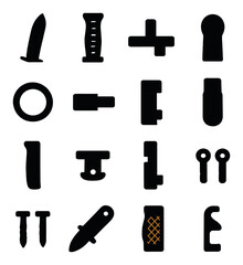 Silhouette tactical gear icon set featuring knife, flashlight, cross, suppressor, bullet, and carabiner symbols