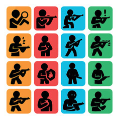 Silhouette military icon set featuring soldier, shooting, combat, gun, alert, and defense symbols