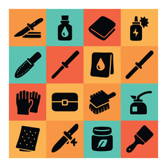 Silhouette kitchen tool icons set featuring knife, oil bottle, towel, spray, gloves, box, sponge, and more