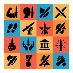 Silhouette military icon set featuring sword, helmet, shield, knife, medal, and army symbols