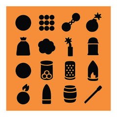 Silhouette gaming icon set with coin, bomb, bag, explosion, ammo, barrel, fire, and matchstick symbols