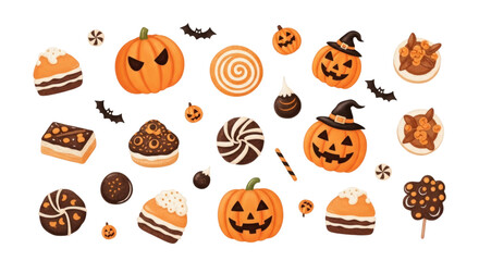Halloween themed vector illustration of pumpkins and sweets pattern
