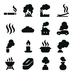 Silhouette pollution and smoke icons set featuring cigarette, factory, cloud, car, candle, and barbecue symbols