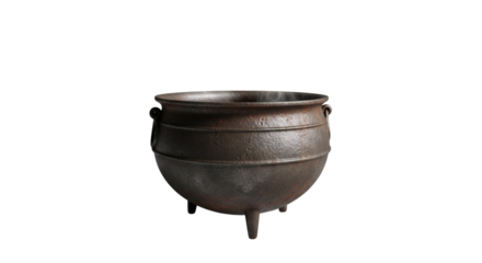Large rustic cast iron cauldron with handles on a black background