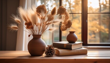serene still life featuring dried flowers in a brown vase books and decorative vessels on a wooden table by a window