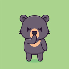 Grumpy Sun Bear Cartoon Mascot Character Standing with a Serious or Angry Expression and a Paw to Its Mouth