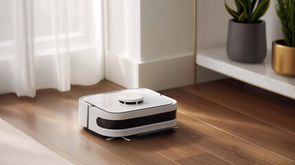 A sleek, modern robotic vacuum cleaner gliding across a hardwood floor, effortlessly picking up dust in a living room