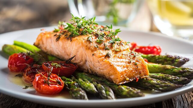 Creative Healthy Dish with Pan-Seared Salmon, Roasted Asparagus and Cherry Tomatoes Garnished with Herbs, Overhead on Wooden Table with Warm Soft Light for Menu and Advertising