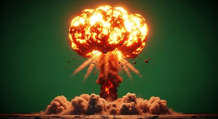 Vectore illustration of massive nuclear explosion mushroom cloud with debris and smoke against a dark green background