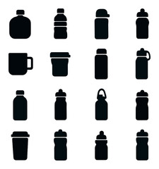 Fototapeta premium Silhouette beverage icon set featuring water bottle, thermos, mug, and travel cup designs