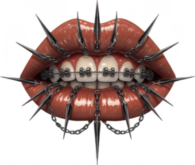 Glossy Lips with Braces and Spikes on Transparent Background