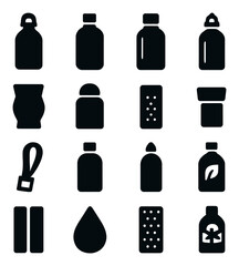 Silhouette detergent icon set featuring bottle, packaging, liquid, dispenser, label, and capsule symbols