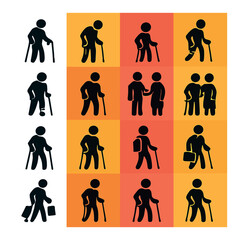Silhouette elderly support icons set featuring walking stick, assistance, cane, caregiver, and walker symbols