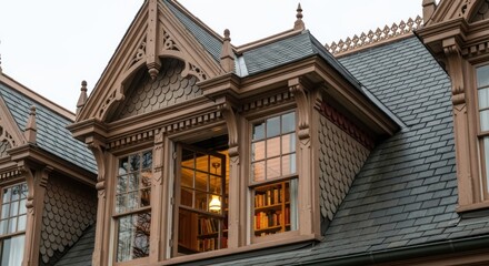 Obraz premium Exterior view of an old building with window and patterned roof
