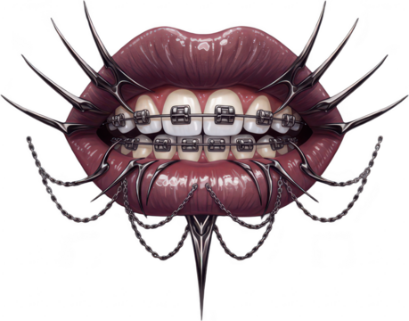 Edgy Lips with Braces, Spikes, and Chains on Transparent Background