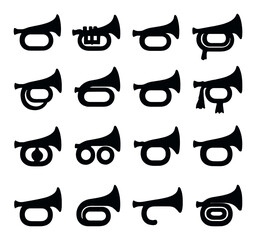 Silhouette music instrument icon set featuring trumpet, french horn, trombone, and tuba symbols