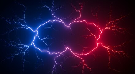 Abstract background of diverging electric lightning bolts in blue and red hues, symbolizing opposing forces and energy