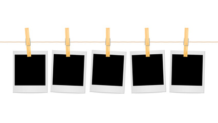 Realistic Polaroid Photo Frames Hanging on Rope with Wooden Clothespins – Blank Retro Instant Picture Template for Scrapbook, Memory Collage, Gallery Wall, and Photography Decoration