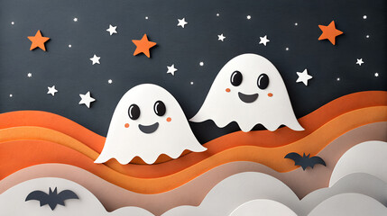 Obraz premium Two cute paper ghosts on a halloween night with stars and bats