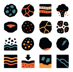 Silhouette geoscience icon set featuring geology, tectonic, sedimentary, volcanic, and erosion symbols