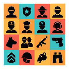 Silhouette military icon set featuring soldier, police, firefighter, medic, chef, dog, gun, headset, binoculars