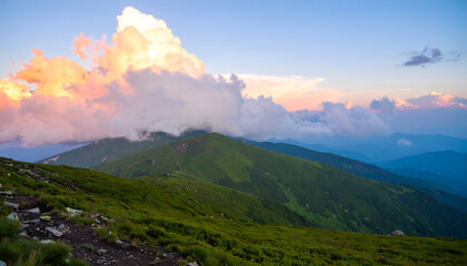 Lush mountain landscape at sunset, with dramatic clouds.