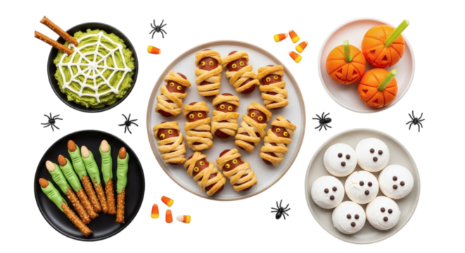 Assorted halloween themed treats including mummies and spiders web