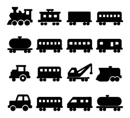 Silhouette transport icon set featuring train, tram, tanker, excavator, and bus symbols