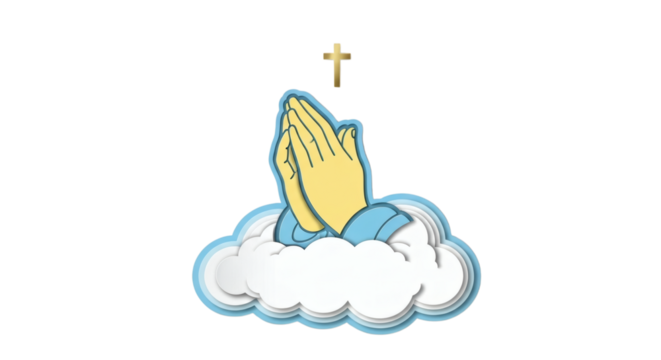 Illustration of praying hands and cross above on fluffy white cloud