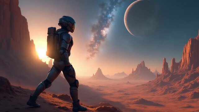 A futuristic space traveler in advanced armor explores an alien landscape under a brilliant starry sky. This sci-fi scene showcases the integration of cutting-edge technology and space exploration.