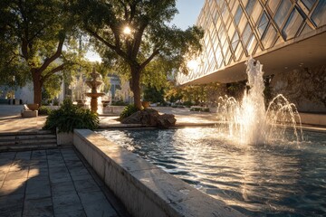 Sunlit plaza with fountain and trees