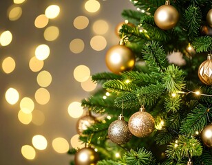 Obraz premium Christmas tree decorated with golden ornaments and illuminated with warm, blurred bokeh lights in the background.
