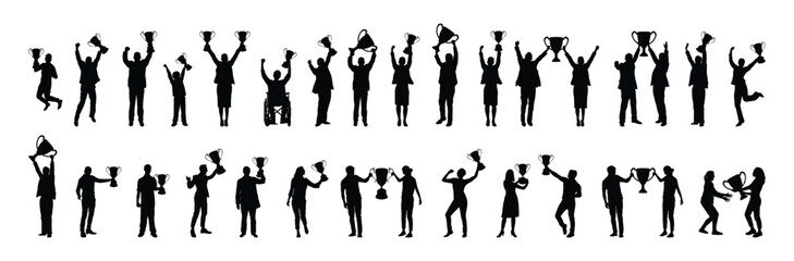People all ages holding trophy cup winner different positions celebrating success vector black silhouette set collection. Group of athletes winning first trophy cup at competition black silhouettes.