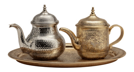 Decorative Silver and Gold Teapots with Intricate Designs on Tray