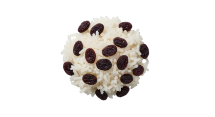 Rice ball topped with raisins isolated on a solid black background 