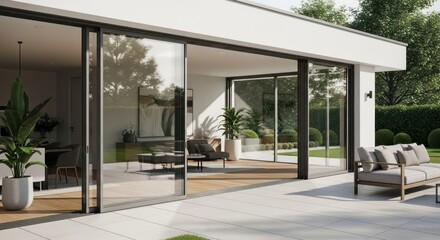 Modern home exterior with sliding glass doors and patio furniture