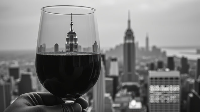Glass of red wine reflects city skyline, featuring prominent building, creating unique perspective. scene evokes sense of urban sophistication