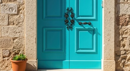 Fototapeta premium Turquoise door in stone wall with potted succulent plant, entrance