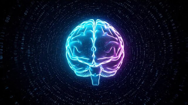 A brain glowing neon blue and pink against a dark background with binary code