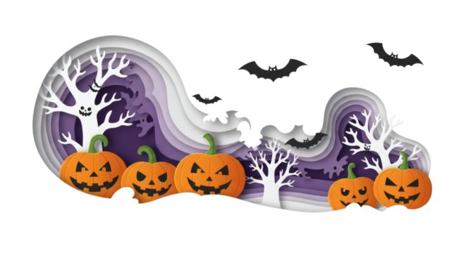 Halloween pumpkins and bats in a spooky night setting with trees